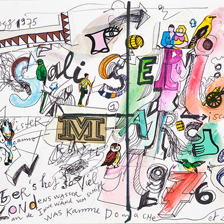 Jean Tinguely, Briefcollage an Josef Imhof, 1975, Museum Tinguely, Basel, Schenkung Josef Imhof © 2021 ProLitteris, Zürich; Foto: Museum Tinguely, Basel