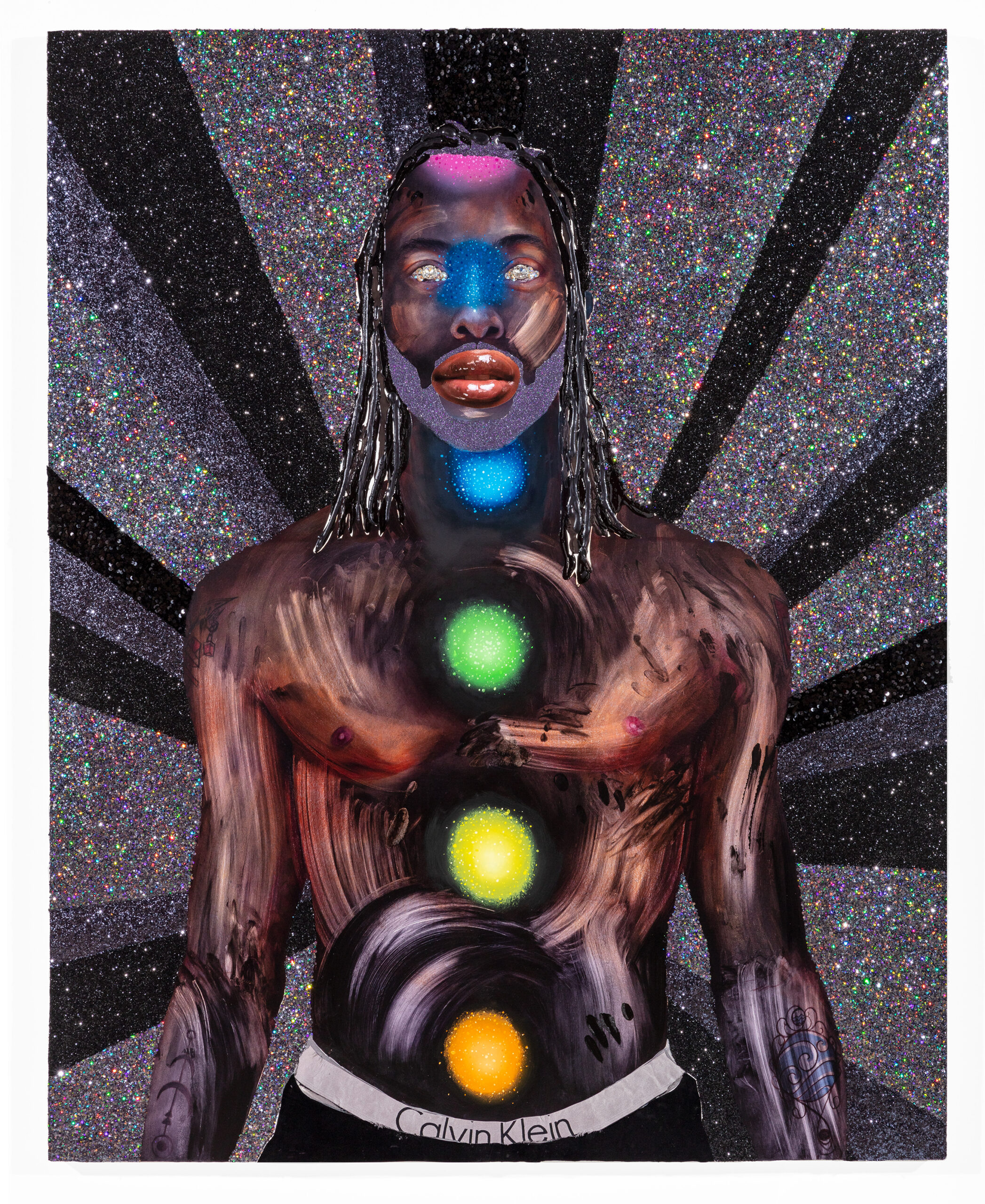 Devan Shimoyama, Chakra Chart, 2021, Öl, Farbstift, Collage, Glitzer, Acryl und Strass auf Leinwand, 152,40 x 121,92 cm, Courtesy the artist, Foto: Tom Little