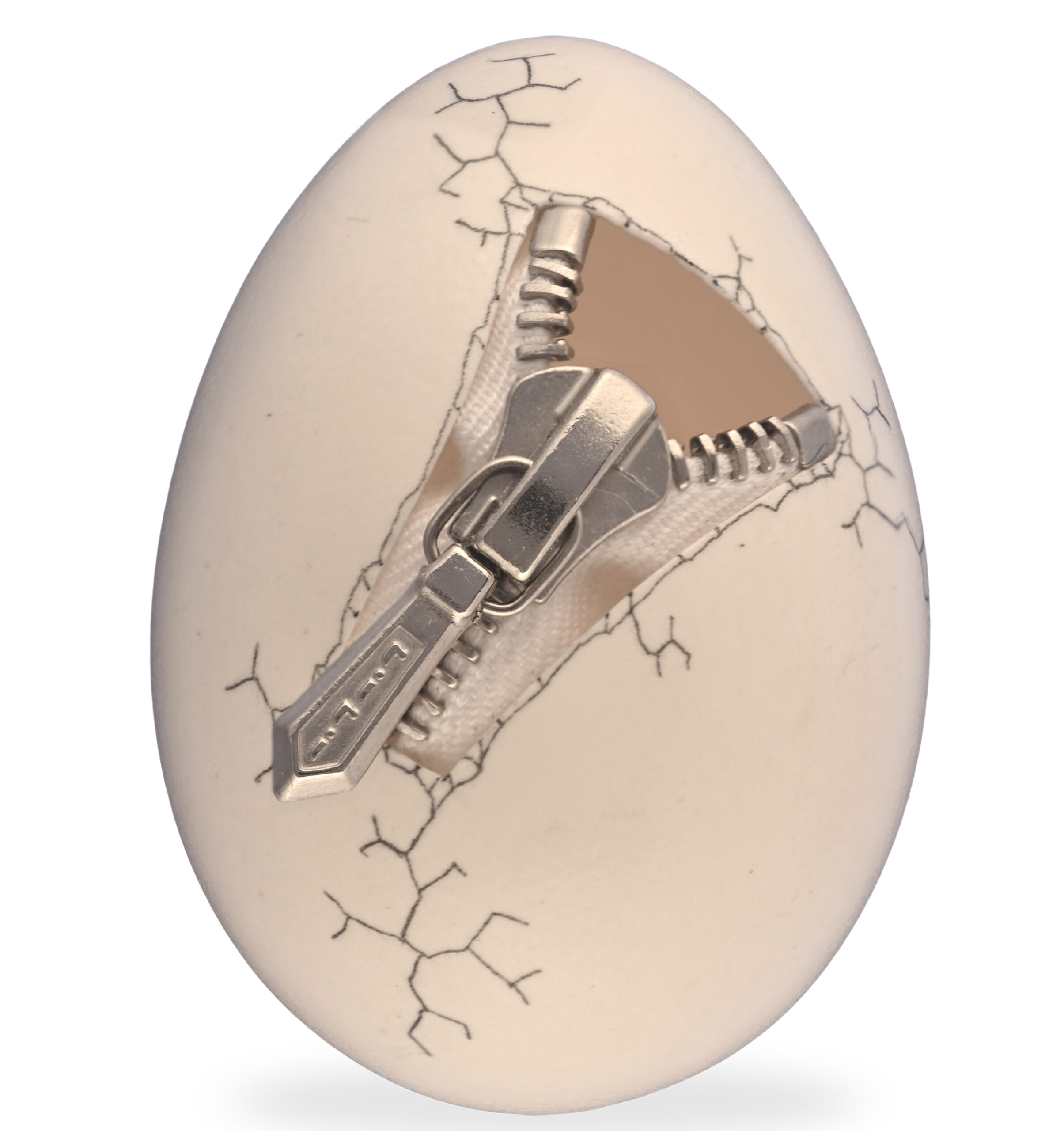 Hühnerei, mit Öffnung und eingearbeitetem Reissverschluss, Konrad Hostettler, Schweiz, 1989