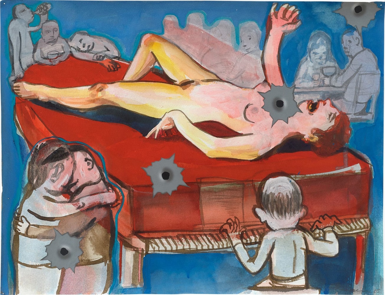Nicole Eisenman „Night of the cheer with a spray of Bullets, 2005, Aquarell und Collage auf Papier, Courtesy Privatsammlung Berlin