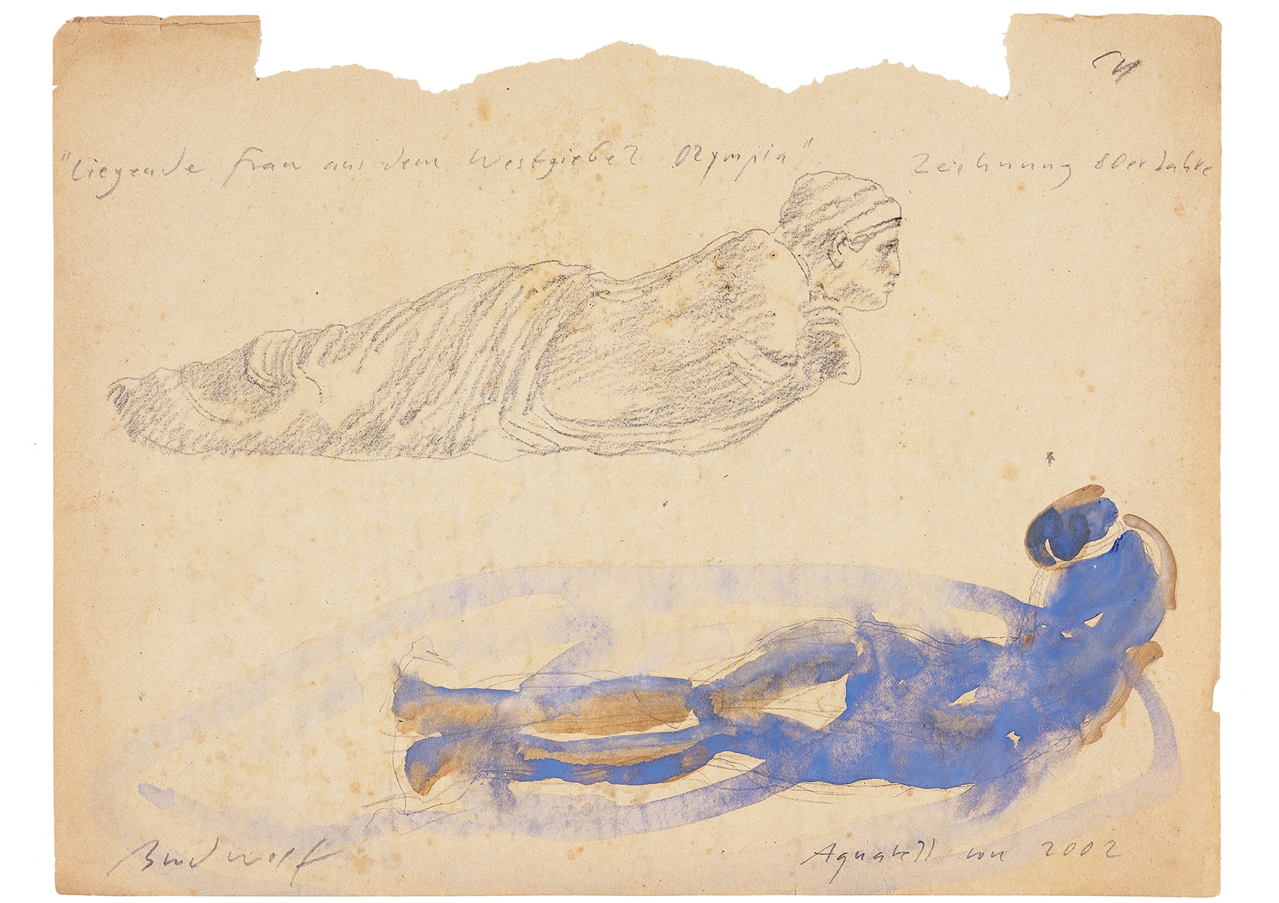 Jürgen Brodwolf, „Zeitebenen“: Liegende Frau aus dem Westgiebel Olympia, gelbliches Papier, Bleistiftzeichnung aus den 80er Jahren, Aquarell und Bleistift von 2002, 22,3 x 29,9 cm © Jürgen Brodwolf