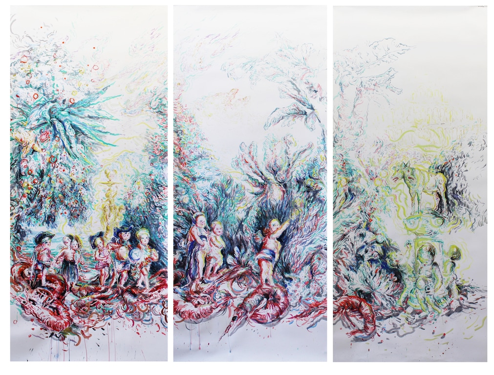 Ulrike Theusner, Land of Plenty, I Arrival of the Baby Conquerors, 2014-2016, Tusche und Pastell auf Papier, 3 Teile © the artist