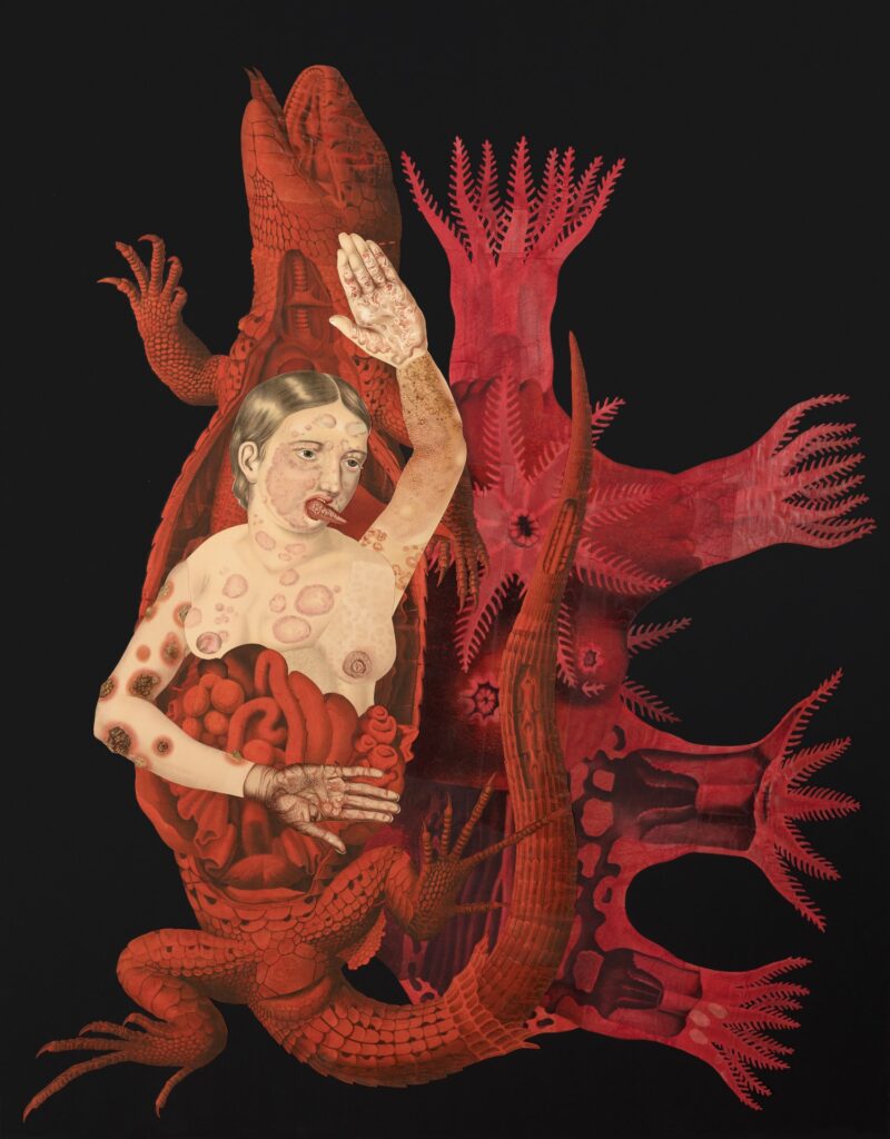 Ines Doujak, o. T. (Serie Geistervölker), 2018, Collage, historische Drucke des frühen 20. Jahrhunderts von botanischen Wandpostern und medizinischen Publikationen, 150 x 119 cm, Courtesy Kunstsammlung des Landes Kärnten/MMKK