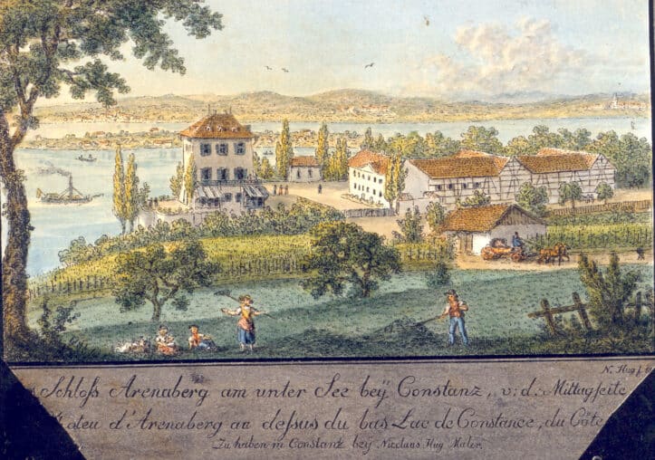 Ausstellungsprojekt „Grüne Fürsten am Bodensee“, Napoleonmuseum Arenenberg: Arenenberger Park, Blick von Südwesten, um 1834 © Familienarchiv Guegel-Frank