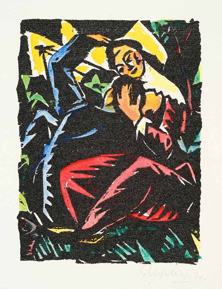 Evarist Adam Weber, Liebespaar, 1920 kolorierter Holzschnitt, 108 x 80 mm