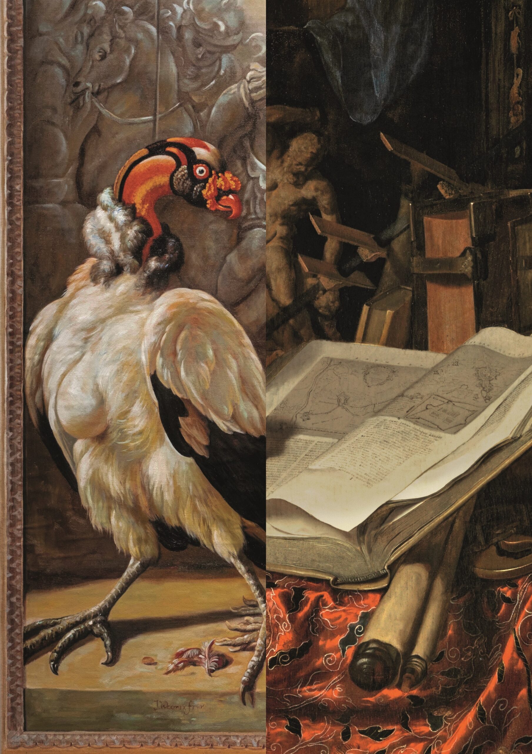 Ausstellungs-Motiv unter Verwendung von Werkausschnitten von Willem de Rooij, Documentation of Jan Weenix’ Südamerikanischer Königsgeier (1700) from the collection of the Kunsthistorisches Museum Wien by anonymous photographer, painted by Yaohui Zhu and team for Yunxi Art Studio, Dafen, 2022 © Willem de Rooij, Foto: Mathias Völzke; Jan van der Heyden, Stillleben mit Globus, Büchern und chinesischem Seidenstoff, um 1669 © Gemäldegalerie der Akademie der bildenden Künste Wien