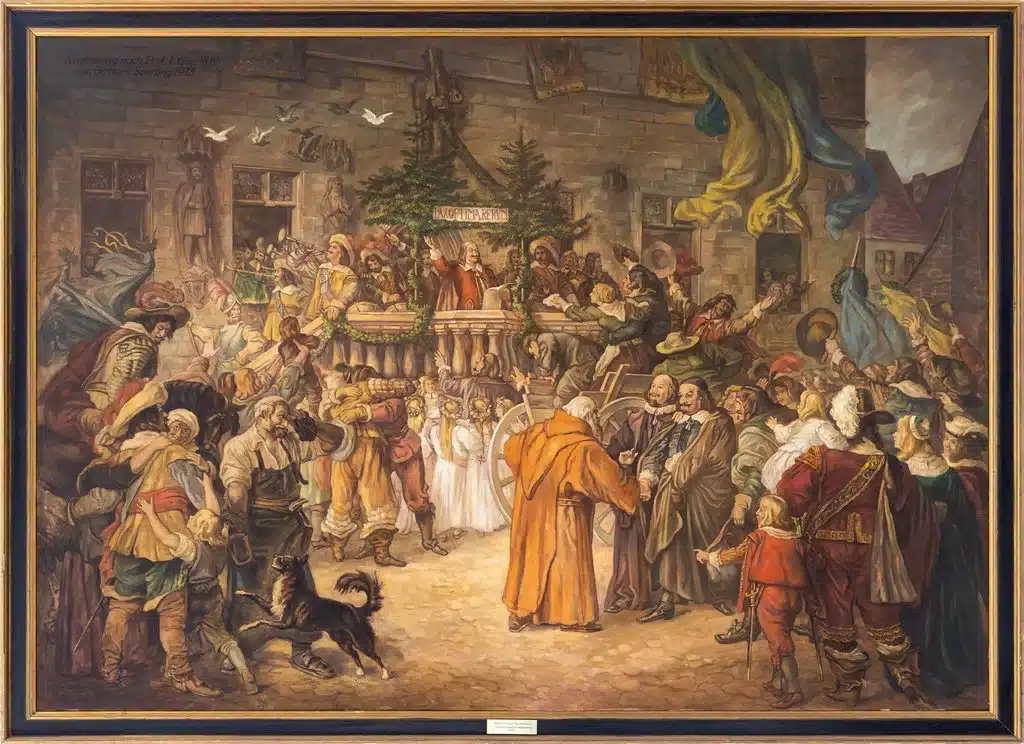 Das Gemälde „Verkündung des Westfälischen Friedens von der Rathaustreppe zu Osnabrück am 25. Oktober 1648“ (Nachdruck von 1973) von Gerhard Sperling nach einem Wandgemälde von Leo Gey von 1880. Foto: Stadt Osnabrück, Simon Vonstein