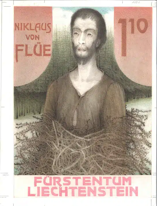 Aus der Serie «500. Todestag von Nikolaus von der Flüe». 1987. Ausgeführter Entwurf von Gerhard Gloser. Buntstifte, Bleistift, Filzstift. © Liechtensteinisches LandesMuseum