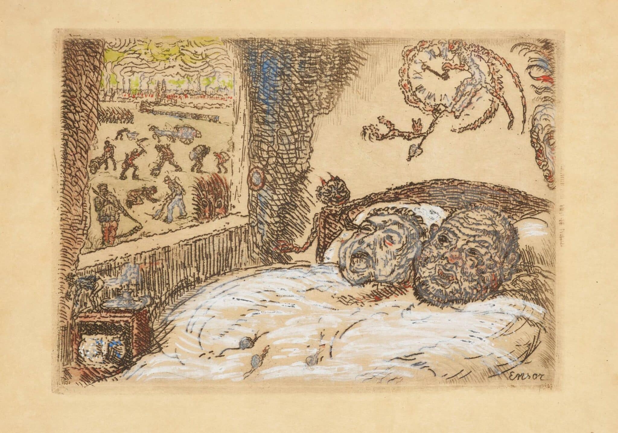 James Ensor, Faulheit (1902), Radierung, handkoloriert, 9,6 x 13,6 cm, Sammlung Deckers, Ostende, Foto: Steven Decroos