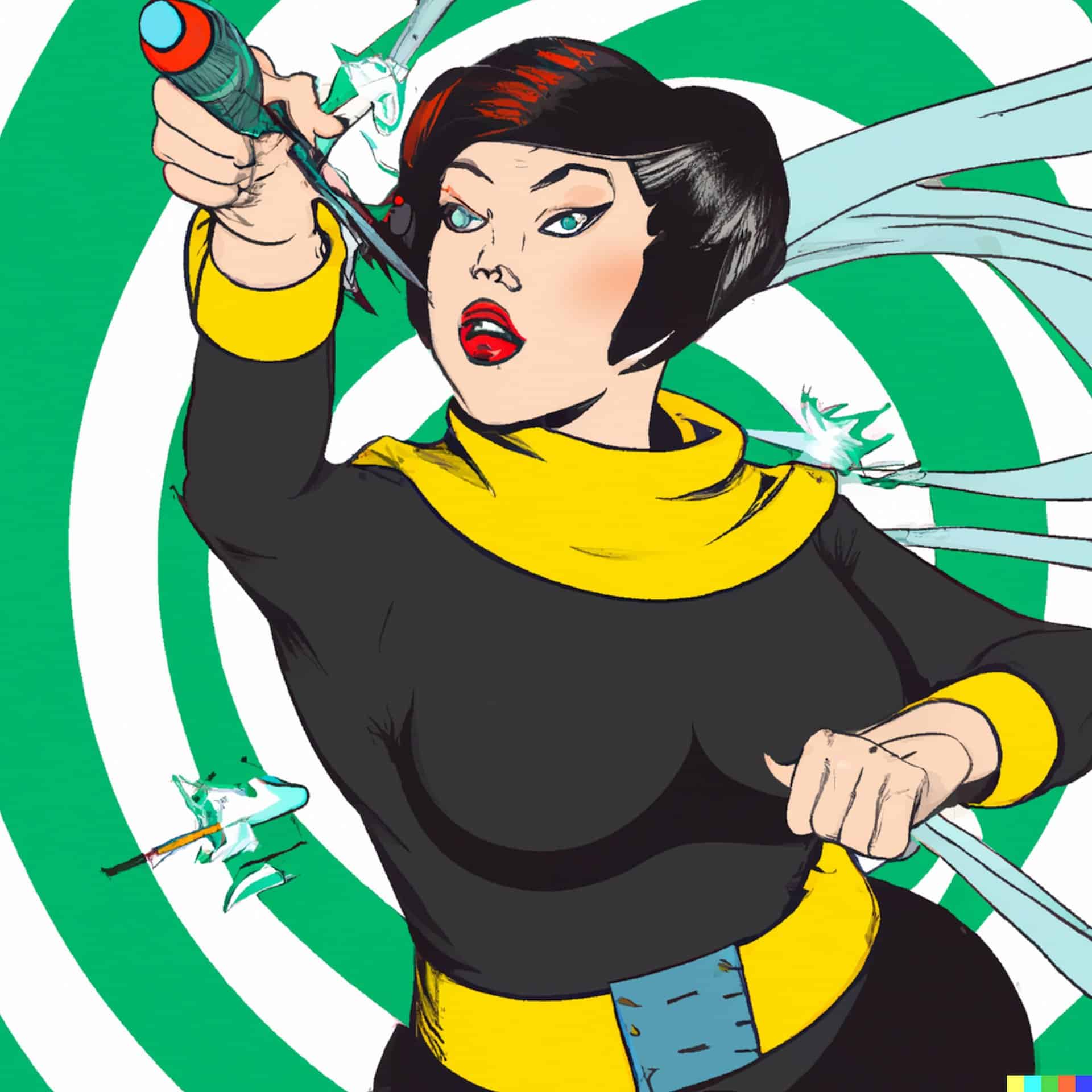 Swaantje Güntzel 2022 / SPACE HEROINES, plus size heroine with short dark har, wearing a turtle neck, fighting orbital debris satellites, in the back comic style © Swaantje Güntzel, VG Bild-Kunst Bonn 2023