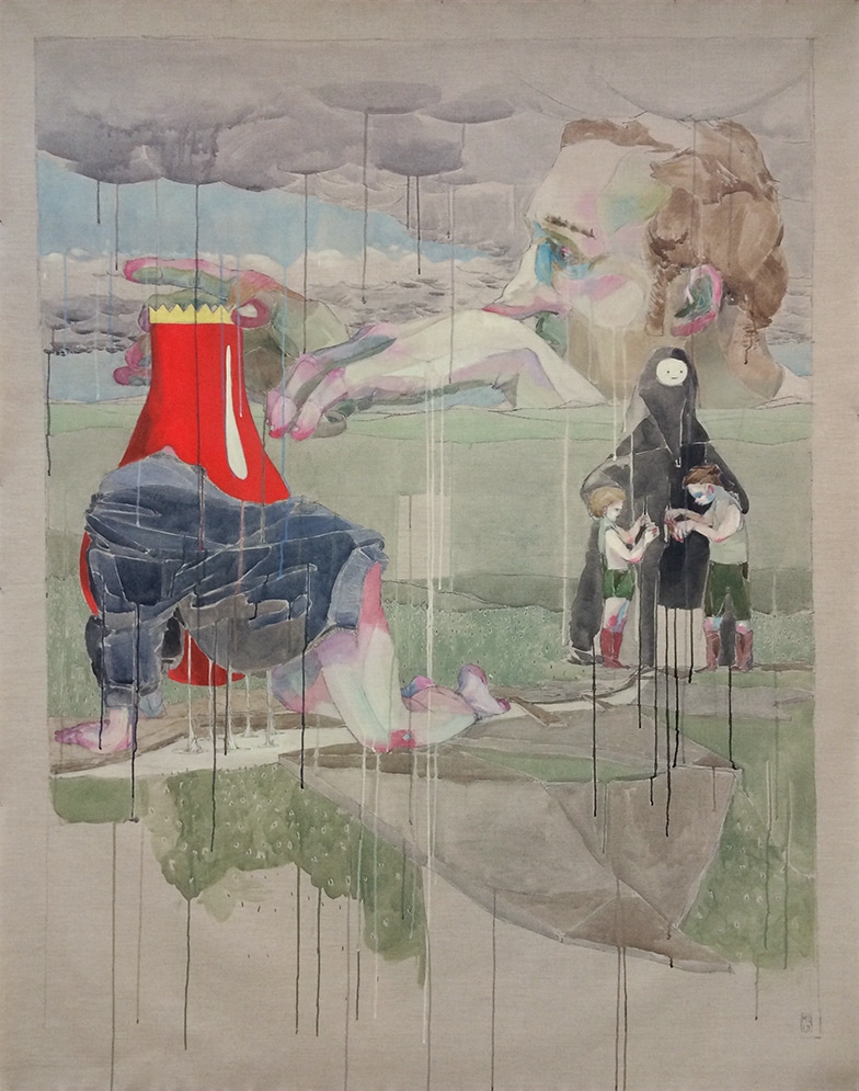 Maria Legat, Und zur Lage der Welt III, 2015, Kohle, Acryl, Pigment, Tinte auf vorgleimten Leinen © Maria Legat