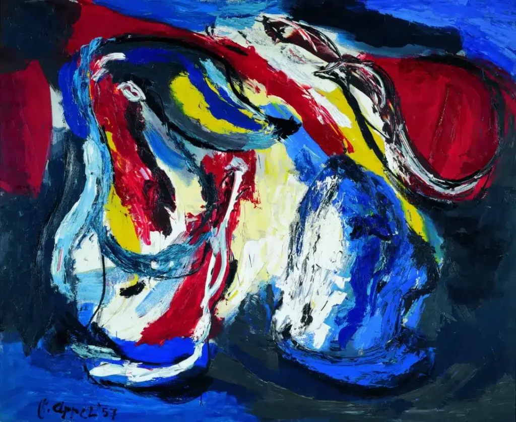 Karel Appel, Prozession zweier Köpfe unter der Sonne, 1957, Öl auf Leinwand, Sammlung Lentos Kunstmuseum Linz