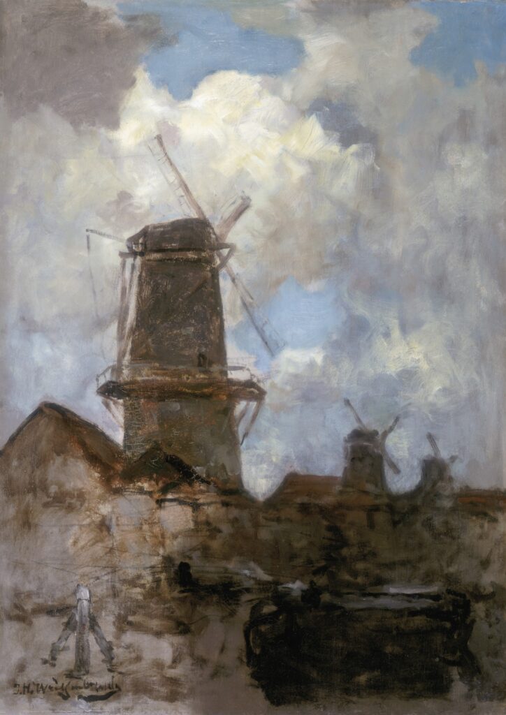Jan Hendrik Weissenbruch, Blick auf drei Mühlen, 1890, Öl auf Leinwand, Stedelijk Museum Amsterdam, Schenkung der Openbare Verzameling van Hedendaagsche Kunst (VVHK)
