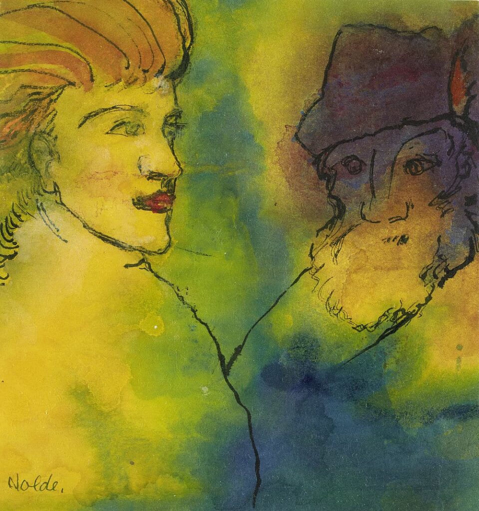Emil Nolde, Alter Mann und junge Frau (Mann mit Feder am Hut), o. J., Aquarell, 16,2 x 15,4 cm, Nolde Stiftung Seebüll, © Nolde Stiftung Seebüll, Foto: Dirk Dunkelberg, Berlin