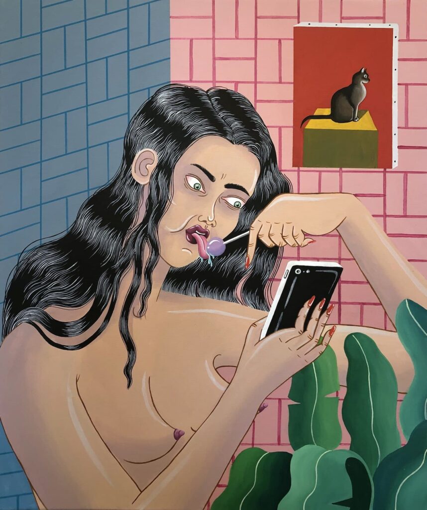 Joëlle Dubois, Lollypop, 2018, Acryl auf Holz, 60 x 50 cm, Privatsammlung Köln, Courtesy Thomas Rehbein Galerie © Joëlle Dubois