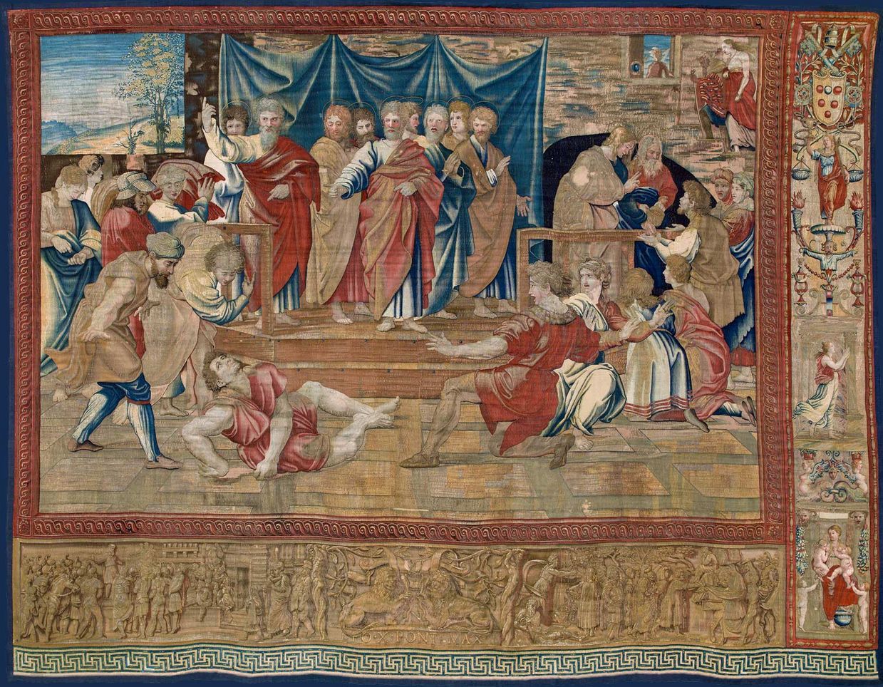 „Der Tod des Ananias (editio princeps)“, Serientitel: Darstellungen des Lebens und der Wundertaten der Apostel Petrus und PaulusEntwurf: Raffaello Sanzio da Urbino (Urbino 1483–1520 Rom) und Werkstatt, um 1515/16 Hergestellt unter Pieter Coecke van Aelst, Brüssel, vor 1521, Wolle, Seide, Edelmetallfäden; H. 488 cm, B. 631 cm © Vatikanstadt, Musei Vaticani, Inv.-Nr. 43870
