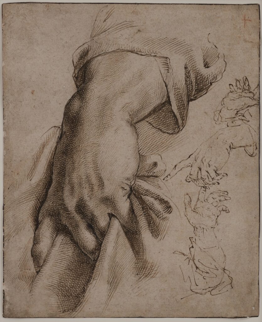 Temitayo Ogunbiyi, „You will hands up” (Detail), 2019, Japanische Tusche und Acryl auf gefundenem Stoff, gefirnisst 137,2 x 88,4 cm © Courtesy the artist