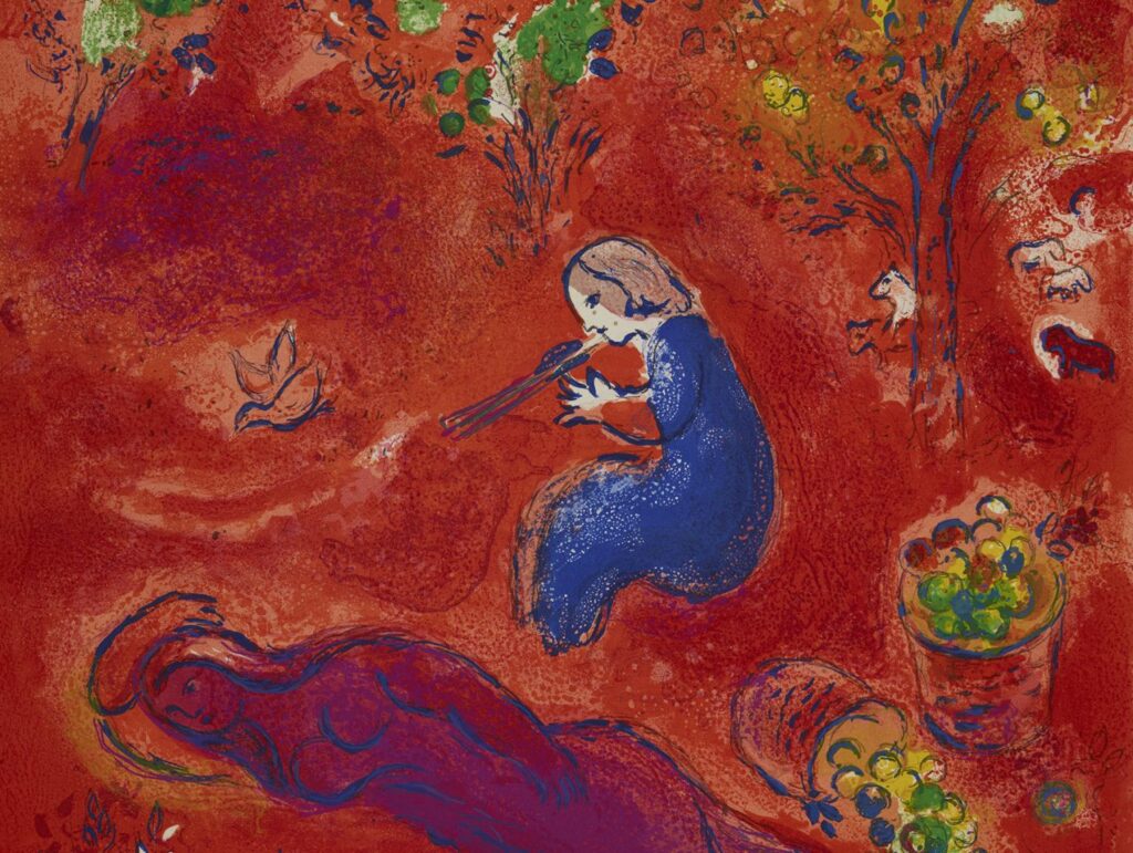 Marc Chagall, A midi, l’été (Mittags, der Sommer), 1961, Blatt 11 aus dem, Portfolio Daphnis et Chloé, Farblithografie, © VG Bild-Kunst, Bonn 2023
Foto: Museum Folkwang, Essen