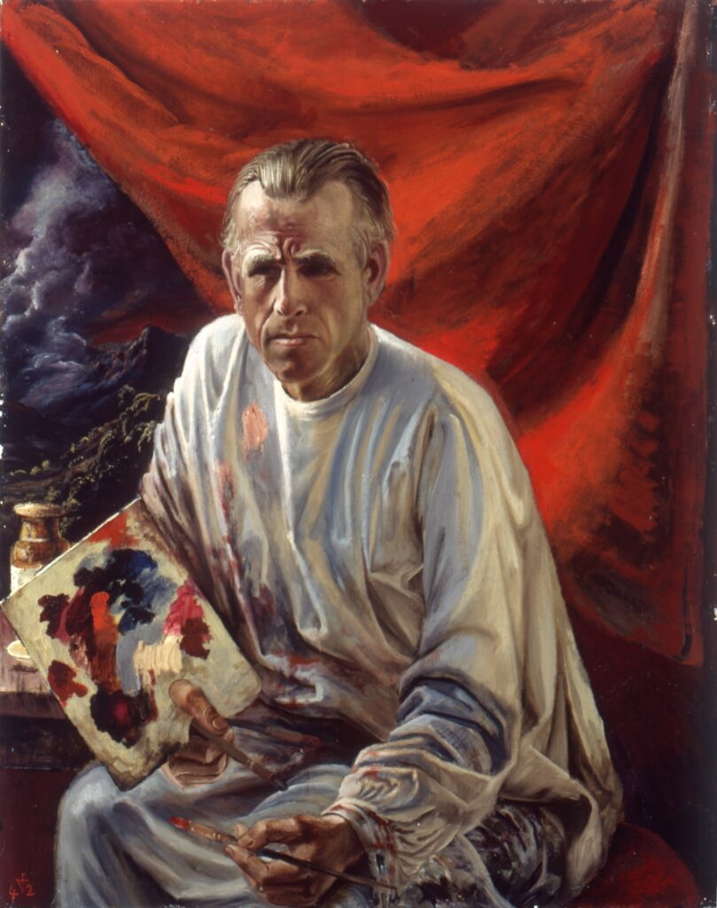 Otto Dix, Selbstbildnis mit Palette vor rotem Vorhang, 1942, Öl auf Holz, Kunstmuseum Stuttgart, erworben mit Unterstützung der Ernst von Siemens Kunststiftung und der Wüstenrotstiftung, Genehmigt durch die Otto Dix Stiftung, Vaduz © VG Bild-Kunst Bonn, 2023