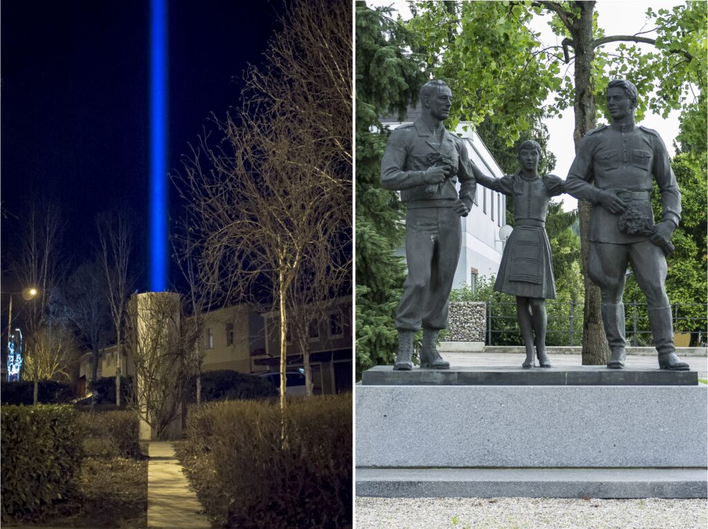 Friedensdenkmal Erlauf von Jenny Holzer © Christian Wachter und Friedensdenkmal von Oleg Komov, 1995 © Remigio Gazzari
