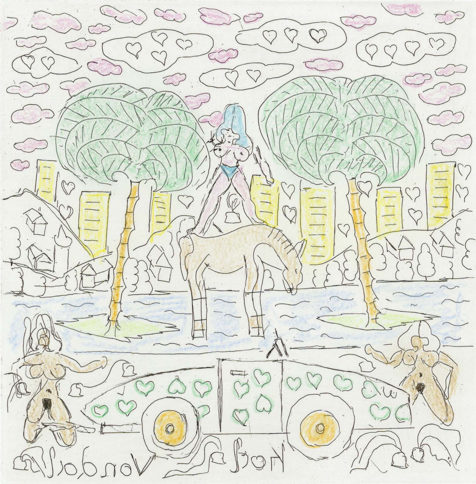 Karl Vondal o. J. / n. d., Ein Bild aus Hawaii, kolorierte Radierung © Privatstiftung - Künstler aus Gugging