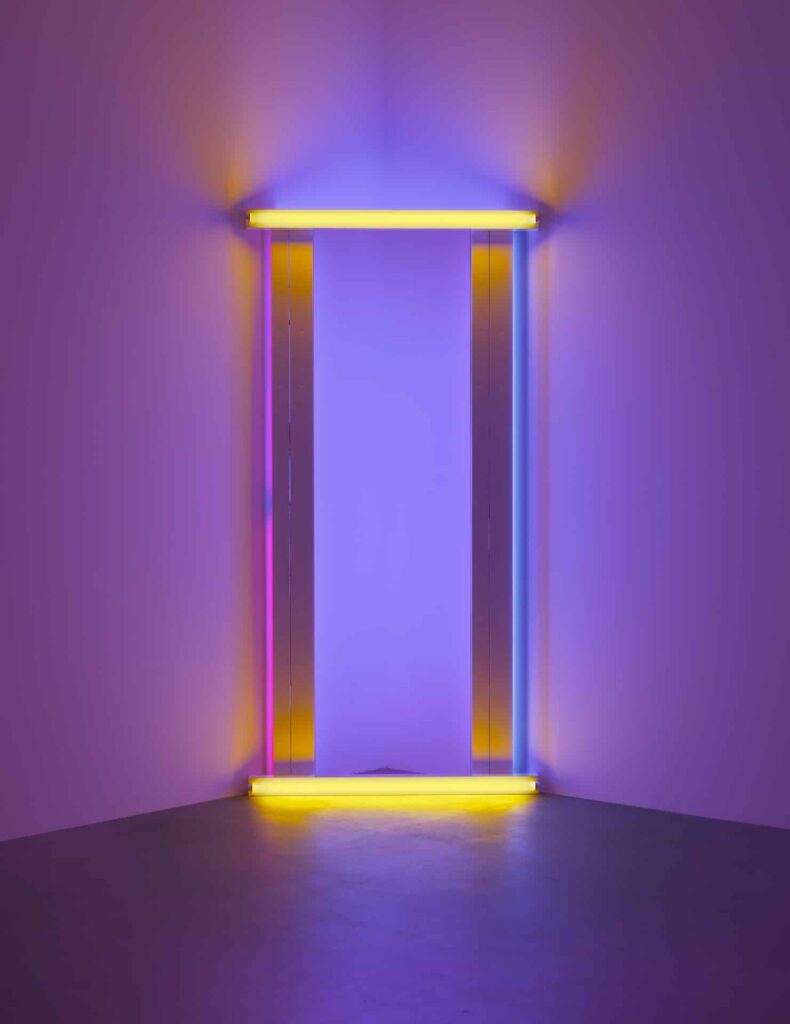 Dan Flavin, untitled (to Barnett Newman) one, 1971, yellow, red, and blue fluorescent light, 244 x 122 x 18 cm, Collection Carré d’Art-Musée d’art contemporain de Nîmes, Foto David Zwirner Gallery © Stephen Flavin / 2024, ProLitteris, Zurich