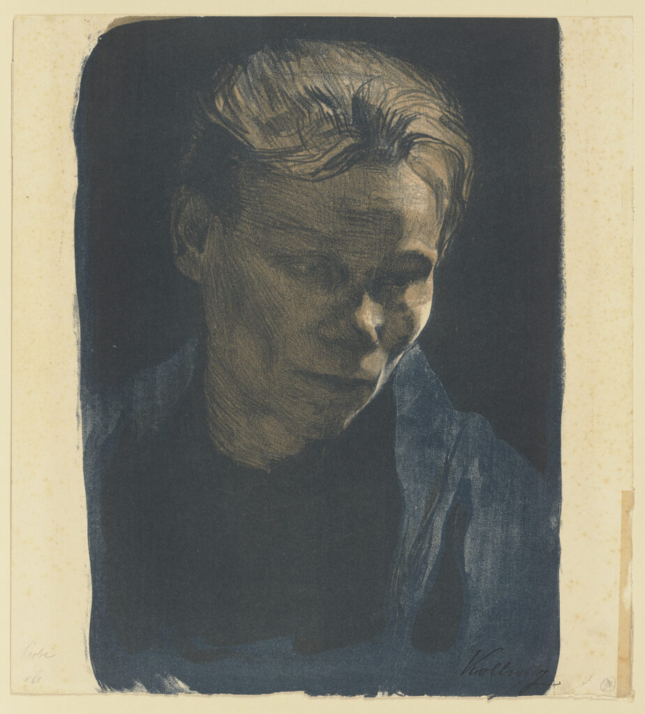 Käthe Kollwitz, Brustbild einer Arbeiterfrau mit blauem Tuch, 1903, Kreide- und Pinsellithografie mit Schabeisen im Zeichenstein in zwei Farben (Blau und Braun) auf Velinpapier, Städel Museum, Frankfurt am Main