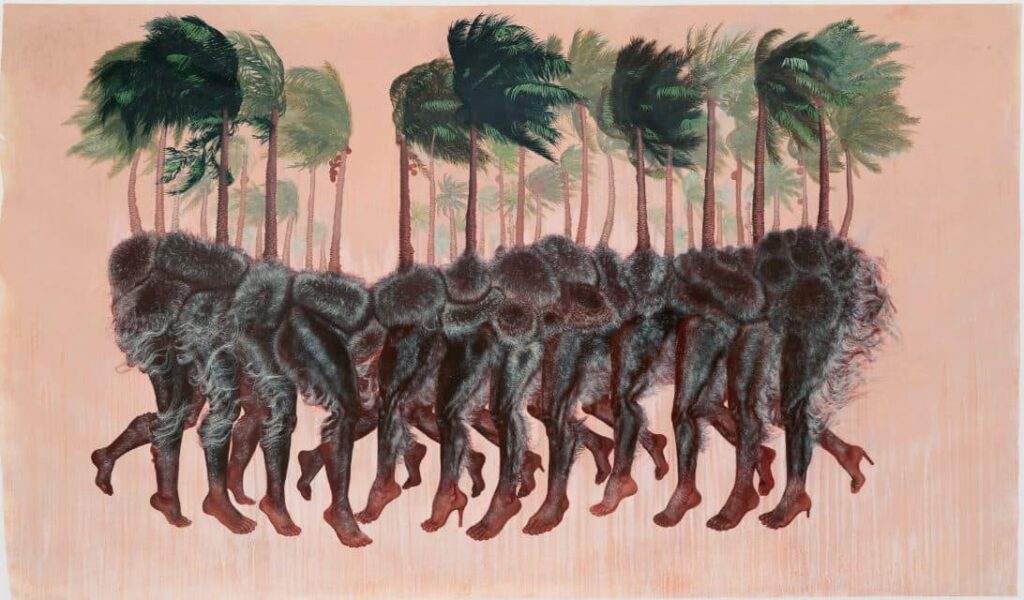 Firelei Báez, How to slip out of your body quietly, 2018, Acryl und Öl auf Papier, 177,8 x 299,7 cm, Sammlung Alyssa und Gregory Shannon, Texas, © Firelei Báez, Courtesy die Künstlerin und James Cohan Gallery, Foto: John Lusis