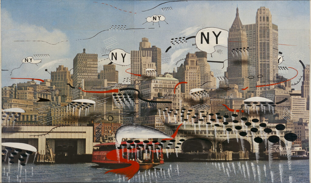 Peter Brüning, NY, NY, NY, NY Nr. 22/67, 1967, 165 cm x 280 cm, Übermaltes Offsetplakat, auf Leinwand aufgezogen © mumok - Museum moderner Kunst Stiftung Ludwig Wien, Leihgabe der Österreichischen Ludwig-Stiftung, seit 1981, Bildrecht, Wien 2024