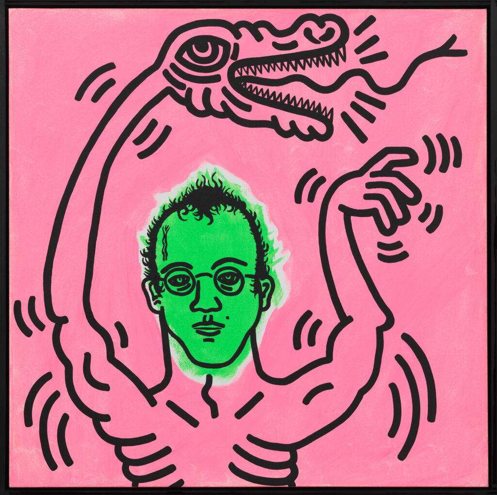 Keith Haring, Ohne Titel (Selbstporträt), 1985, Acryl auf Leinwand, Udo und Anette Brandhorst Sammlung © The Keith Haring Foundation, Foto: Haydar Koyupinar, Bayerische Staatsgemäldesammlungen, Museum Brandhorst, München