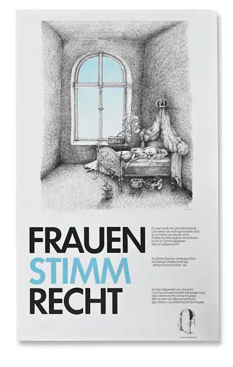 Plakat der „Aktion Dornröschen”. Das Plakat fordert die Einführung des Frauenstimmrechts, 1981. Gezeichnet von Regina Marxer. © Liechtensteinisches Frauenarchiv, MM 003-001, Foto: Sven Beham