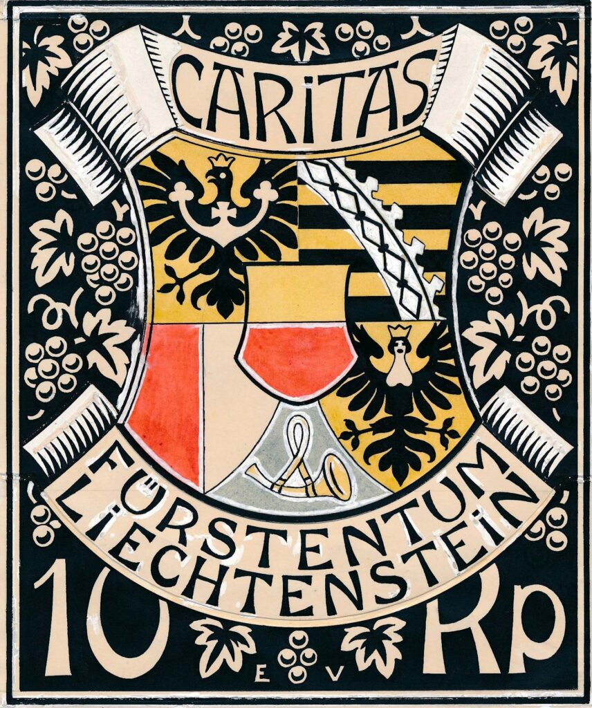 „Landeswappen” aus der Serie „87. Geburtstag von Fürst Johann II.” Ausgeführter Entwurf, 1927. © Liechtensteinisches LandesMuseum