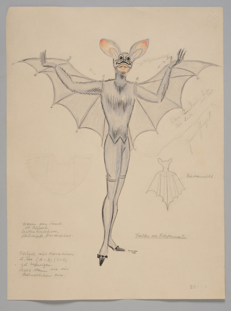 Figurine zum Kostüm des Dr. Falke aus Die Fledermaus von Johann Strauss. Entwurf: Stella Junker-Weißenberg, 1937 © KHM-Museumsverband, Theatermuseum