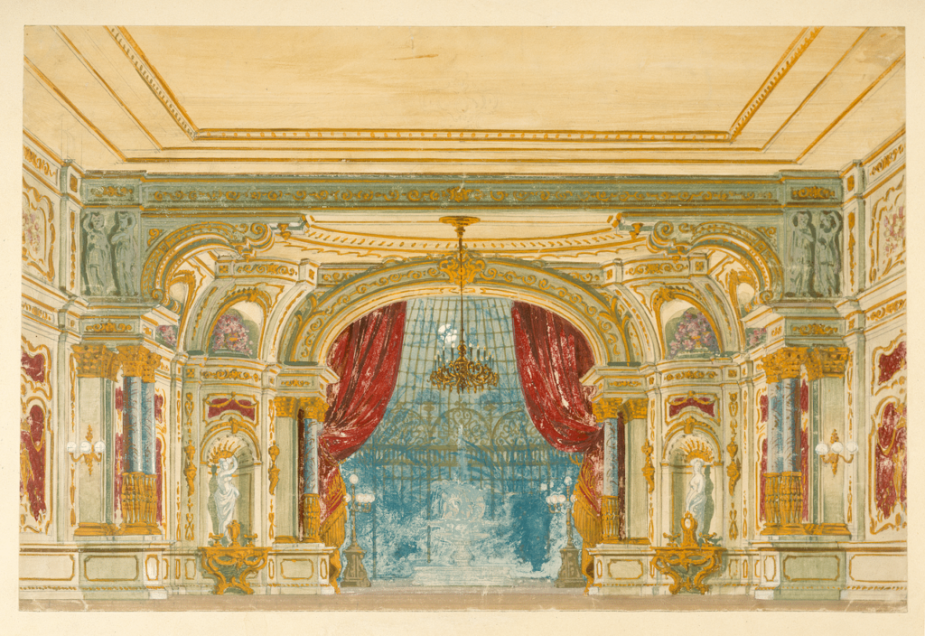 Bühnenbildentwurf zu Die Fledermaus von Johann Strauss, Entwurf: Alfred Moser, o.D. Theater a. d. Wien, Uraufführung 1874. © KHM-Museumsverband, Theatermuseum