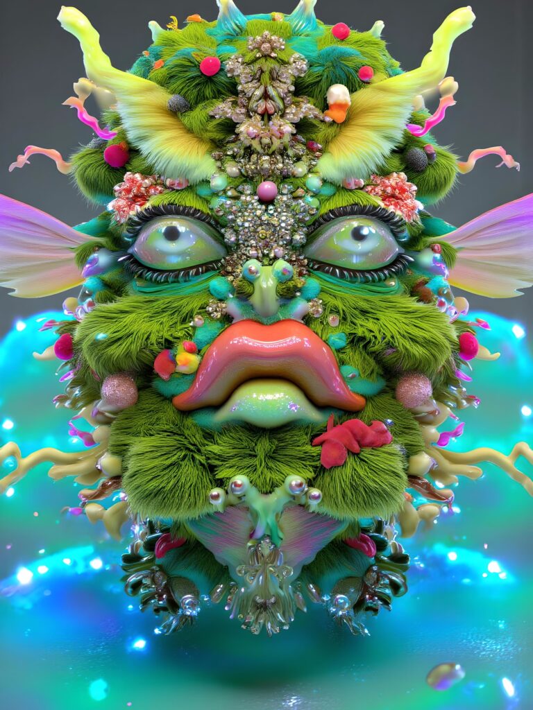 Anne Horel, Lepidodinium Chlorophorum, 2024, generiert mit LoRA, das mit Kreaturen aus einem überholten experimentellen OpenAi-Modell trainiert wurde, Foto: © Anne Horel