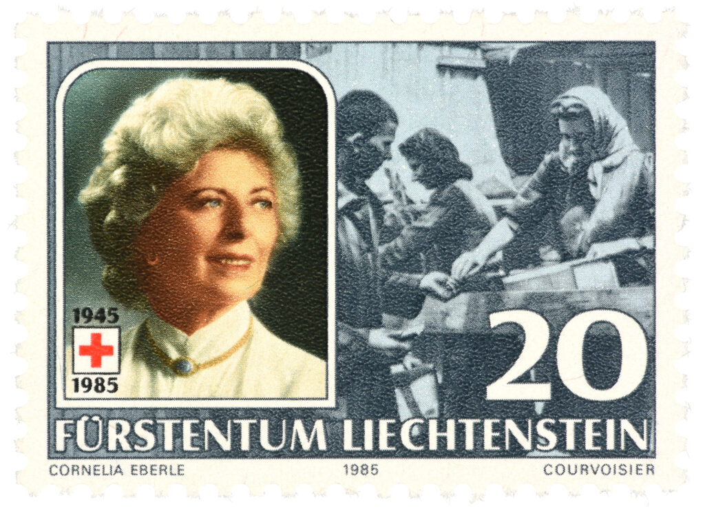 „Flüchtlingshilfe (1945)“ aus der Serie „Fürstin Gina – 40 Jahre Präsidentin des Liechtensteinischen Roten Kreuzes“. 40 Jahre Liechtensteinisches Rotes Kreuz. Cornelia Eberle 1985. © Liechtensteinisches LandesMuseum